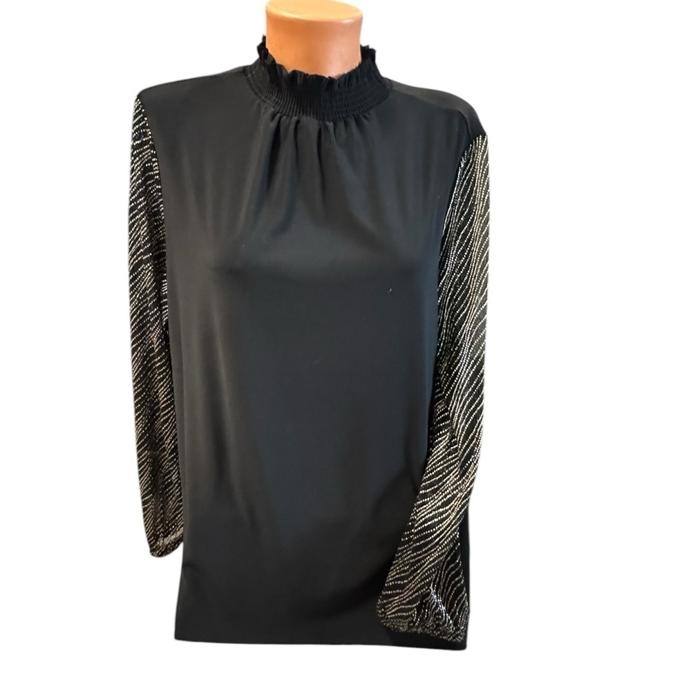 Anne Klein Top XL Black Blouse Gold Mesh Long Sleeve High Neck Fancy Sleeves